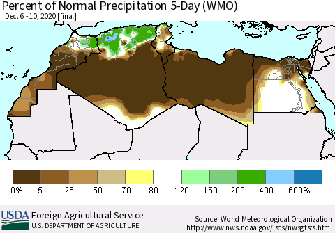 North Africa Percent of Normal Precipitation 5-Day (WMO) Thematic Map For 12/6/2020 - 12/10/2020