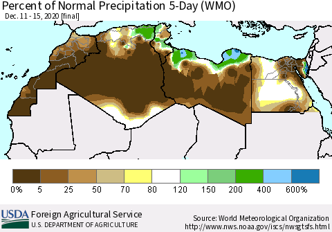 North Africa Percent of Normal Precipitation 5-Day (WMO) Thematic Map For 12/11/2020 - 12/15/2020