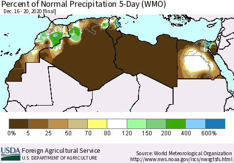 North Africa Percent of Normal Precipitation 5-Day (WMO) Thematic Map For 12/16/2020 - 12/20/2020