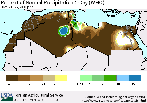 North Africa Percent of Normal Precipitation 5-Day (WMO) Thematic Map For 12/21/2020 - 12/25/2020