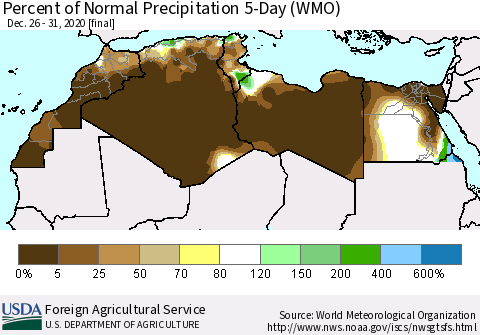 North Africa Percent of Normal Precipitation 5-Day (WMO) Thematic Map For 12/26/2020 - 12/31/2020