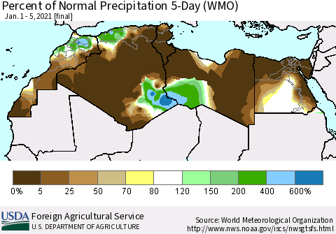 North Africa Percent of Normal Precipitation 5-Day (WMO) Thematic Map For 1/1/2021 - 1/5/2021