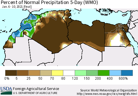 North Africa Percent of Normal Precipitation 5-Day (WMO) Thematic Map For 1/6/2021 - 1/10/2021
