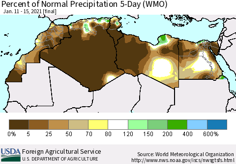 North Africa Percent of Normal Precipitation 5-Day (WMO) Thematic Map For 1/11/2021 - 1/15/2021