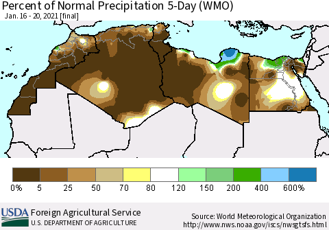 North Africa Percent of Normal Precipitation 5-Day (WMO) Thematic Map For 1/16/2021 - 1/20/2021