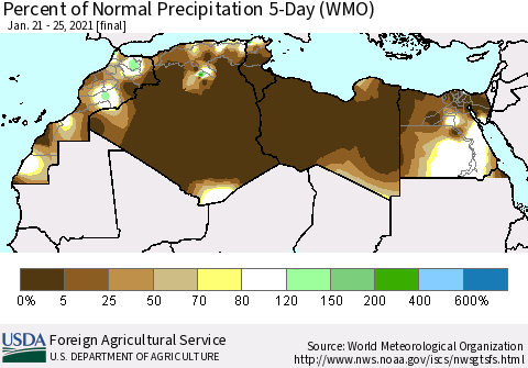 North Africa Percent of Normal Precipitation 5-Day (WMO) Thematic Map For 1/21/2021 - 1/25/2021