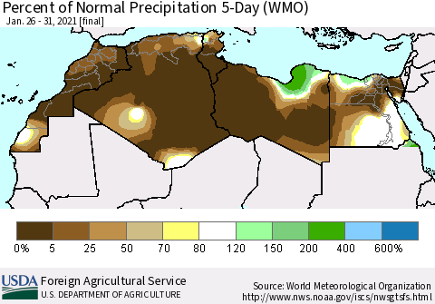 North Africa Percent of Normal Precipitation 5-Day (WMO) Thematic Map For 1/26/2021 - 1/31/2021