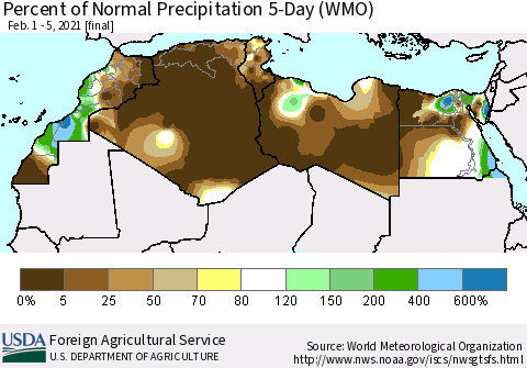 North Africa Percent of Normal Precipitation 5-Day (WMO) Thematic Map For 2/1/2021 - 2/5/2021