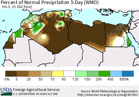 North Africa Percent of Normal Precipitation 5-Day (WMO) Thematic Map For 2/6/2021 - 2/10/2021