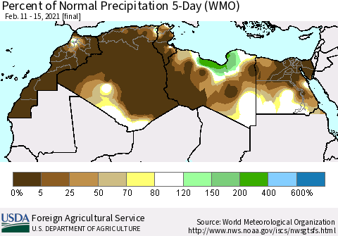 North Africa Percent of Normal Precipitation 5-Day (WMO) Thematic Map For 2/11/2021 - 2/15/2021
