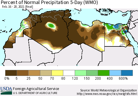 North Africa Percent of Normal Precipitation 5-Day (WMO) Thematic Map For 2/16/2021 - 2/20/2021