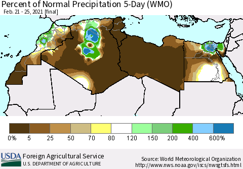 North Africa Percent of Normal Precipitation 5-Day (WMO) Thematic Map For 2/21/2021 - 2/25/2021