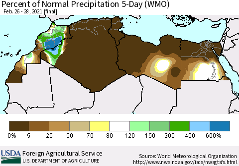 North Africa Percent of Normal Precipitation 5-Day (WMO) Thematic Map For 2/26/2021 - 2/28/2021