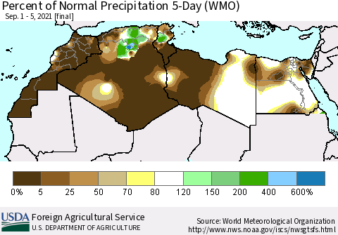 North Africa Percent of Normal Precipitation 5-Day (WMO) Thematic Map For 9/1/2021 - 9/5/2021