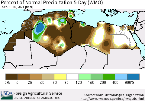 North Africa Percent of Normal Precipitation 5-Day (WMO) Thematic Map For 9/6/2021 - 9/10/2021