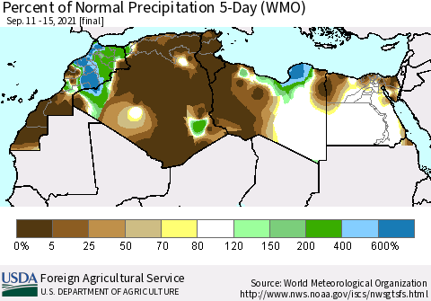 North Africa Percent of Normal Precipitation 5-Day (WMO) Thematic Map For 9/11/2021 - 9/15/2021