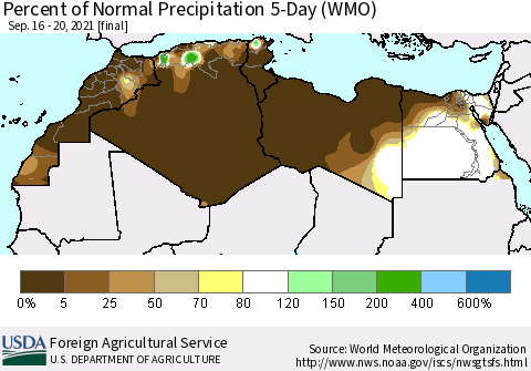 North Africa Percent of Normal Precipitation 5-Day (WMO) Thematic Map For 9/16/2021 - 9/20/2021