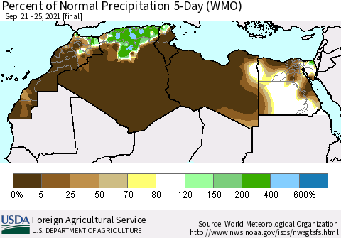 North Africa Percent of Normal Precipitation 5-Day (WMO) Thematic Map For 9/21/2021 - 9/25/2021