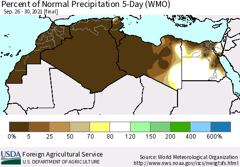 North Africa Percent of Normal Precipitation 5-Day (WMO) Thematic Map For 9/26/2021 - 9/30/2021