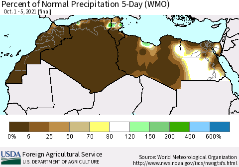 North Africa Percent of Normal Precipitation 5-Day (WMO) Thematic Map For 10/1/2021 - 10/5/2021