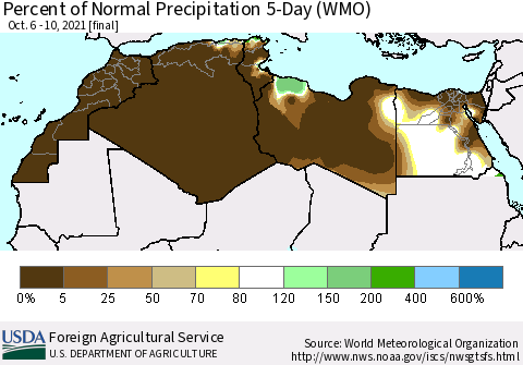 North Africa Percent of Normal Precipitation 5-Day (WMO) Thematic Map For 10/6/2021 - 10/10/2021