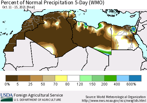 North Africa Percent of Normal Precipitation 5-Day (WMO) Thematic Map For 10/11/2021 - 10/15/2021