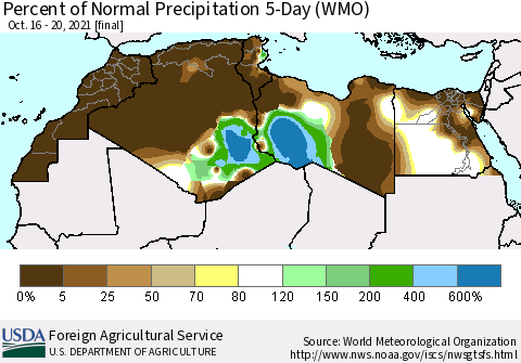 North Africa Percent of Normal Precipitation 5-Day (WMO) Thematic Map For 10/16/2021 - 10/20/2021