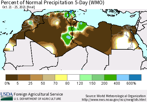 North Africa Percent of Normal Precipitation 5-Day (WMO) Thematic Map For 10/21/2021 - 10/25/2021