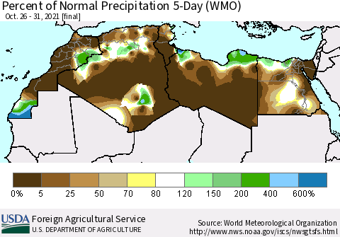 North Africa Percent of Normal Precipitation 5-Day (WMO) Thematic Map For 10/26/2021 - 10/31/2021