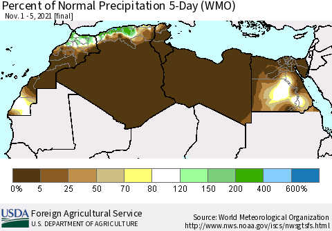 North Africa Percent of Normal Precipitation 5-Day (WMO) Thematic Map For 11/1/2021 - 11/5/2021