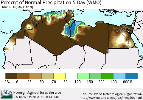 North Africa Percent of Normal Precipitation 5-Day (WMO) Thematic Map For 11/6/2021 - 11/10/2021