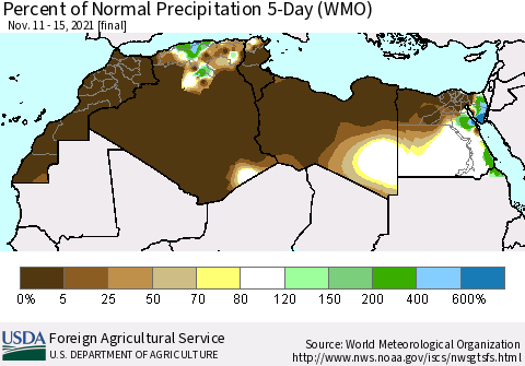 North Africa Percent of Normal Precipitation 5-Day (WMO) Thematic Map For 11/11/2021 - 11/15/2021
