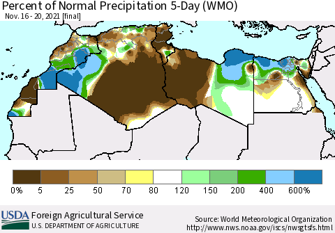 North Africa Percent of Normal Precipitation 5-Day (WMO) Thematic Map For 11/16/2021 - 11/20/2021