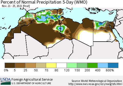North Africa Percent of Normal Precipitation 5-Day (WMO) Thematic Map For 11/21/2021 - 11/25/2021