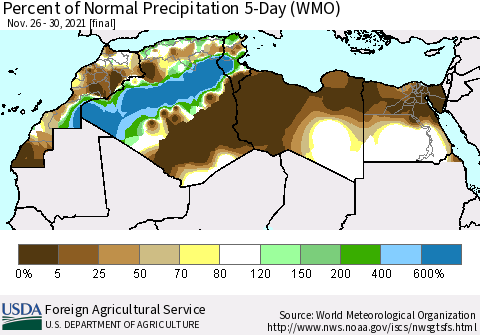 North Africa Percent of Normal Precipitation 5-Day (WMO) Thematic Map For 11/26/2021 - 11/30/2021