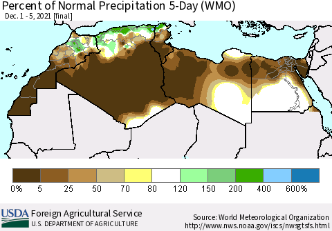 North Africa Percent of Normal Precipitation 5-Day (WMO) Thematic Map For 12/1/2021 - 12/5/2021
