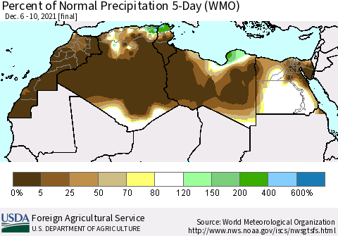 North Africa Percent of Normal Precipitation 5-Day (WMO) Thematic Map For 12/6/2021 - 12/10/2021
