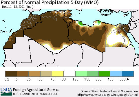 North Africa Percent of Normal Precipitation 5-Day (WMO) Thematic Map For 12/11/2021 - 12/15/2021