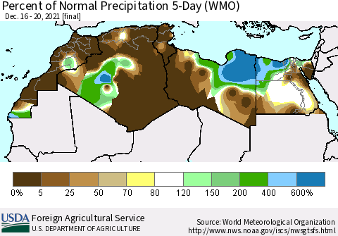 North Africa Percent of Normal Precipitation 5-Day (WMO) Thematic Map For 12/16/2021 - 12/20/2021