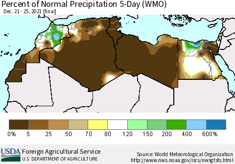 North Africa Percent of Normal Precipitation 5-Day (WMO) Thematic Map For 12/21/2021 - 12/25/2021