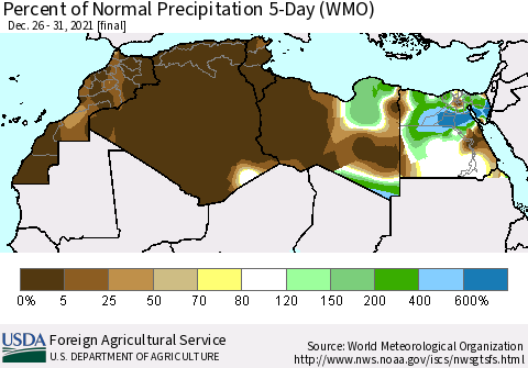 North Africa Percent of Normal Precipitation 5-Day (WMO) Thematic Map For 12/26/2021 - 12/31/2021