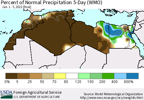 North Africa Percent of Normal Precipitation 5-Day (WMO) Thematic Map For 1/1/2022 - 1/5/2022