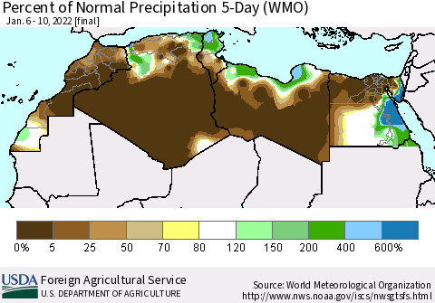 North Africa Percent of Normal Precipitation 5-Day (WMO) Thematic Map For 1/6/2022 - 1/10/2022