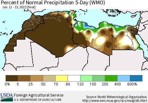 North Africa Percent of Normal Precipitation 5-Day (WMO) Thematic Map For 1/11/2022 - 1/15/2022