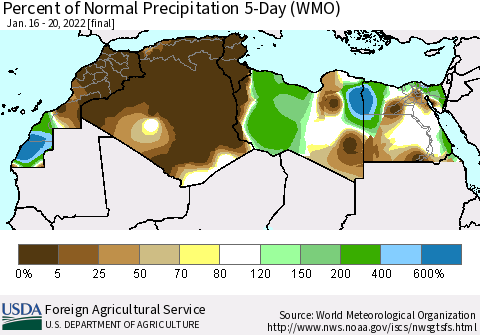 North Africa Percent of Normal Precipitation 5-Day (WMO) Thematic Map For 1/16/2022 - 1/20/2022