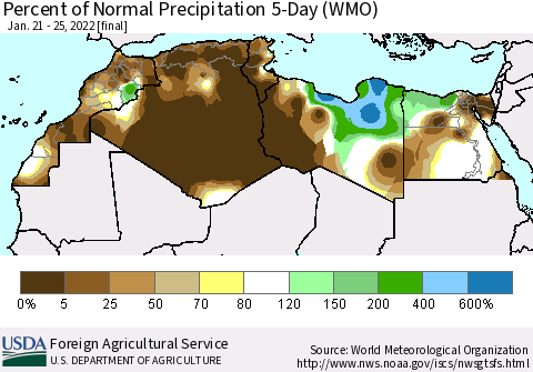 North Africa Percent of Normal Precipitation 5-Day (WMO) Thematic Map For 1/21/2022 - 1/25/2022