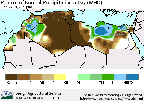 North Africa Percent of Normal Precipitation 5-Day (WMO) Thematic Map For 1/26/2022 - 1/31/2022