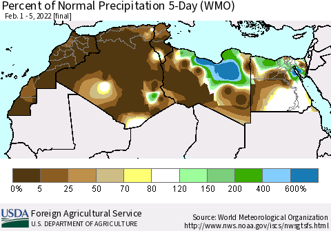 North Africa Percent of Normal Precipitation 5-Day (WMO) Thematic Map For 2/1/2022 - 2/5/2022