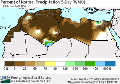 North Africa Percent of Normal Precipitation 5-Day (WMO) Thematic Map For 2/6/2022 - 2/10/2022