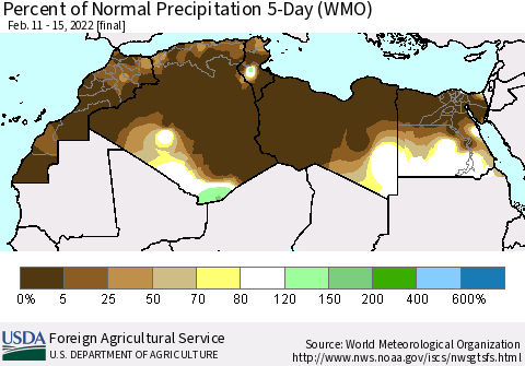 North Africa Percent of Normal Precipitation 5-Day (WMO) Thematic Map For 2/11/2022 - 2/15/2022